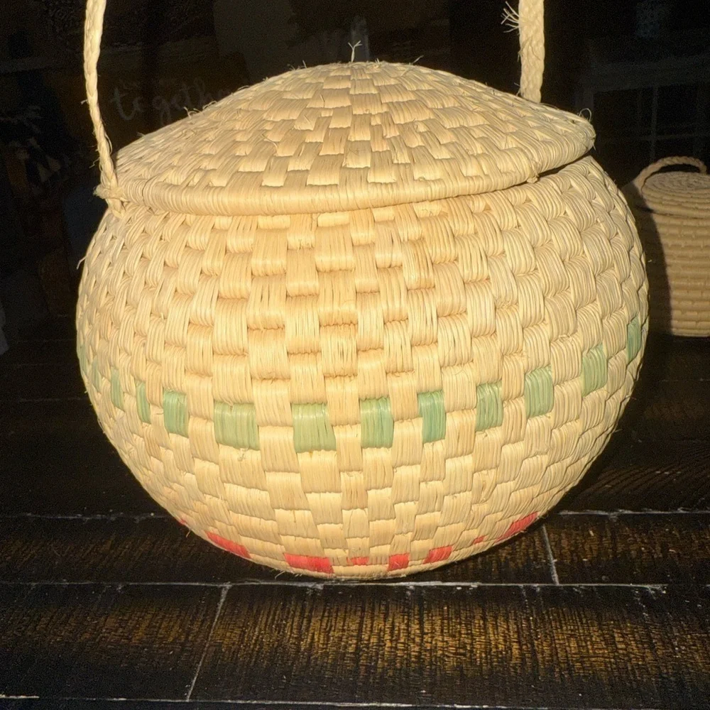 Baskets Round Pair Woven Lid Long Straps & added 3 more! (5 total)